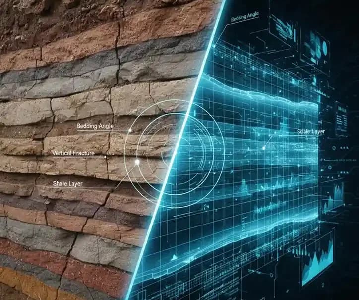 GeoVision AI analysing borehole rock layers: bedding angle, vertical fracture and shale layer
